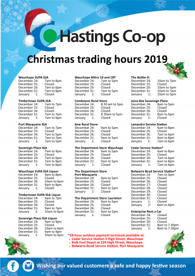 Christmas trading hours Hastings Co op